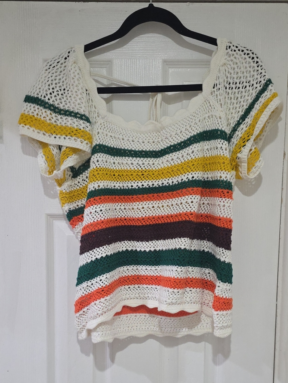 torrid White Crochet Short Sleeve Top with Multicolor Stripes